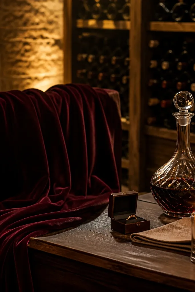 A wine cellar setting with warm amber light. A velvet throw in deep wine color covers a bench, a decanter glows on a table, and a small ring box sits beside a folded napkin and a single candle.