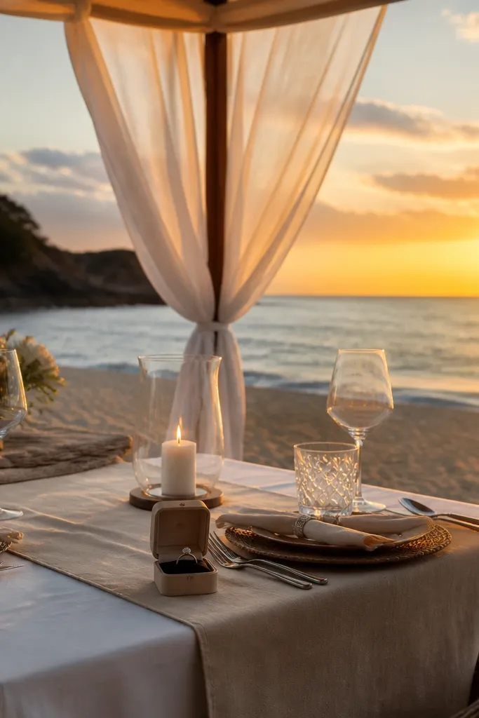 A private beach dining setup with a sheer canopy over a small table, clear glassware catching sunset light, a linen runner, and a ring box placed on the table near a small candle in a glass hurricane.
