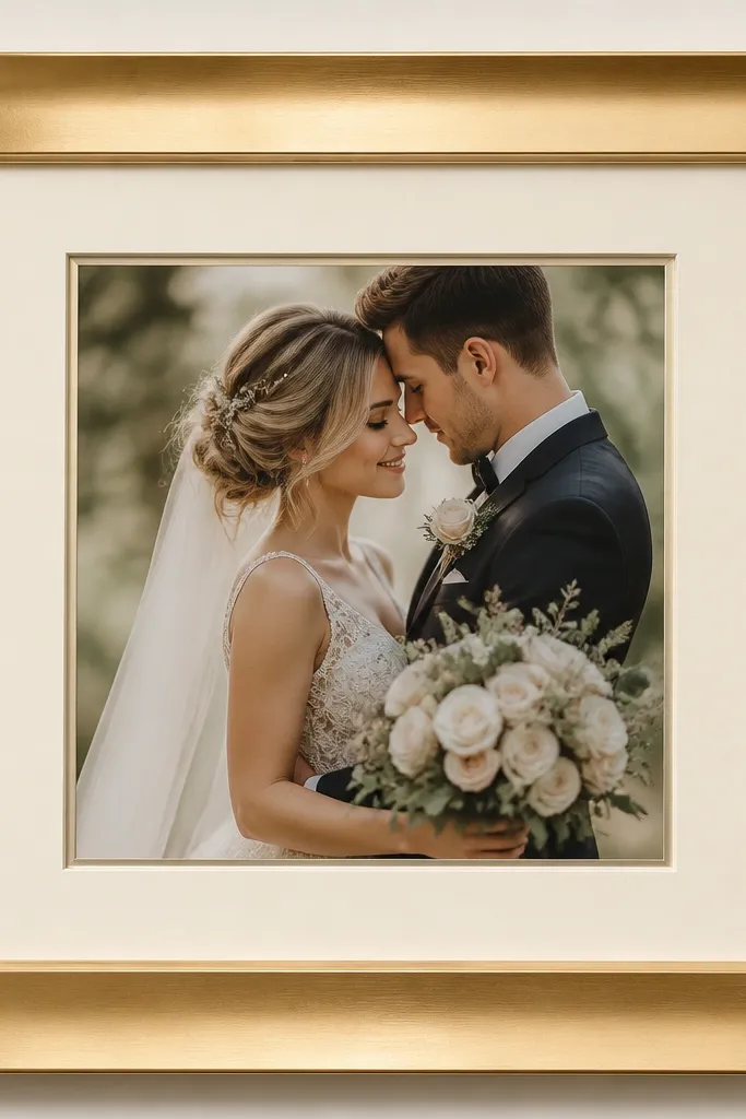 A cream ivory mat surrounds a wedding card, with a thin warm gold inner trim line. The frame is a smooth satin gold with a wide border and a small shadow gap visible between the card and mat.