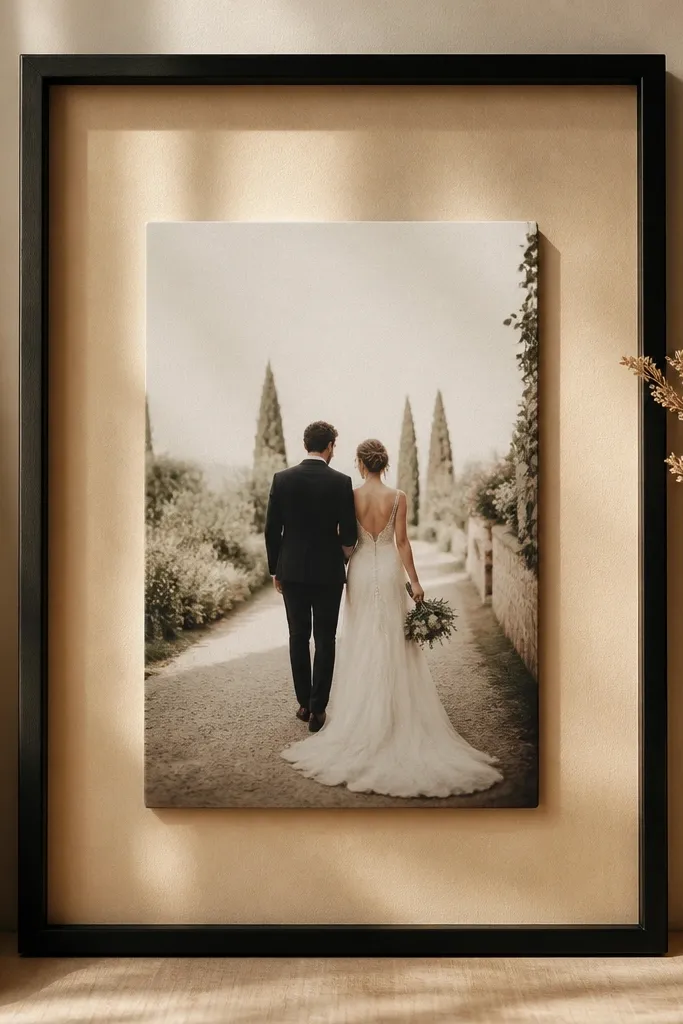 A matte black frame holds a wedding card against a warm parchment-colored backing sheet. The mat is minimal, and the card appears to float with a shadow gap.
