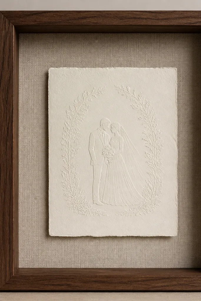 A walnut shadow box frame contains a wedding card set against a textured light linen insert. The wood grain is visible, and the card is raised slightly from the linen.