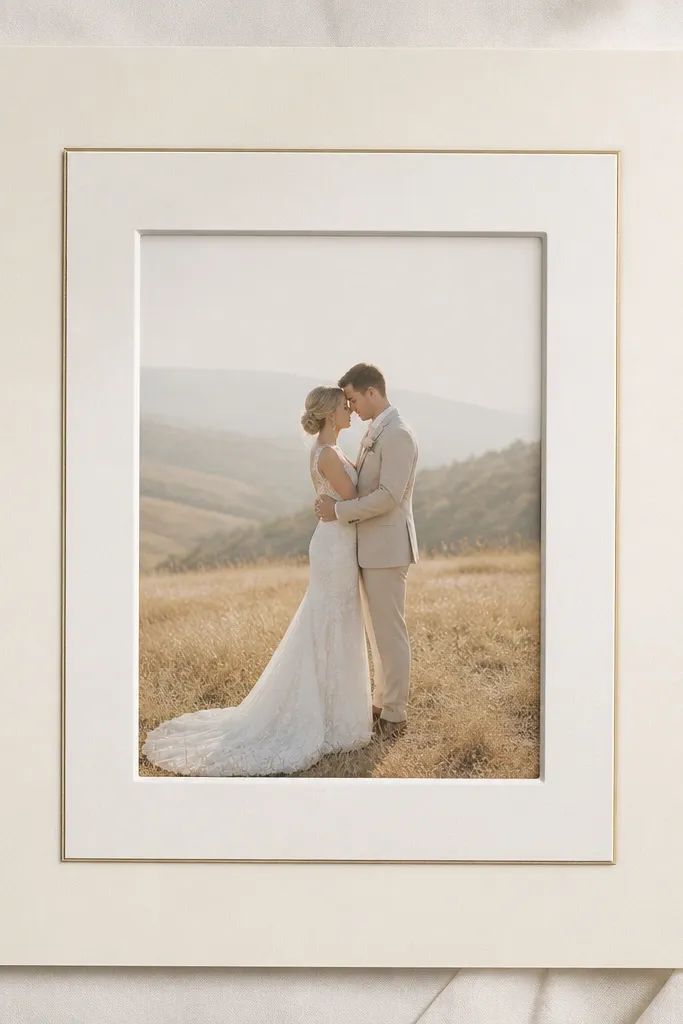 A double mat setup: outer pearl-cream mat and inner pearl mat, with a thin gold line between layers. The wedding card sits centered with a narrow shadow gap.