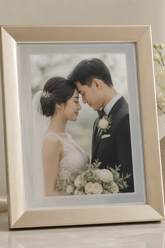 A satin champagne frame surrounds a wedding card. Instead of standard glass, there is a clear acrylic cover with a matte edge, reducing reflections.