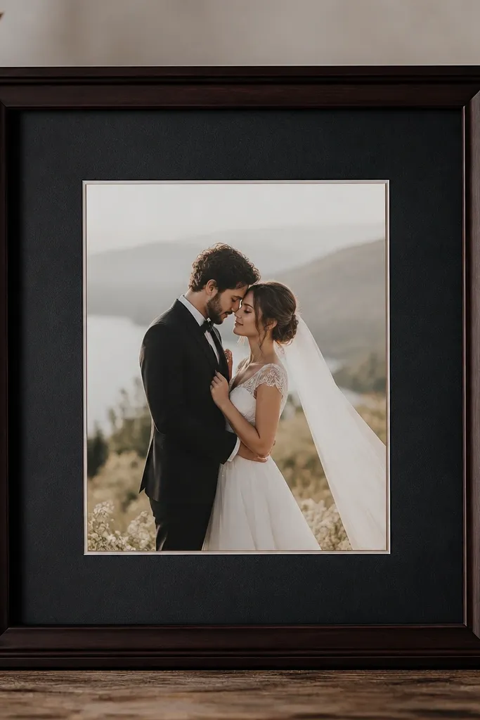 A deep espresso-brown frame holds a wedding card with a charcoal-black mat border. The card sits centered and lifted slightly, with a crisp border line.