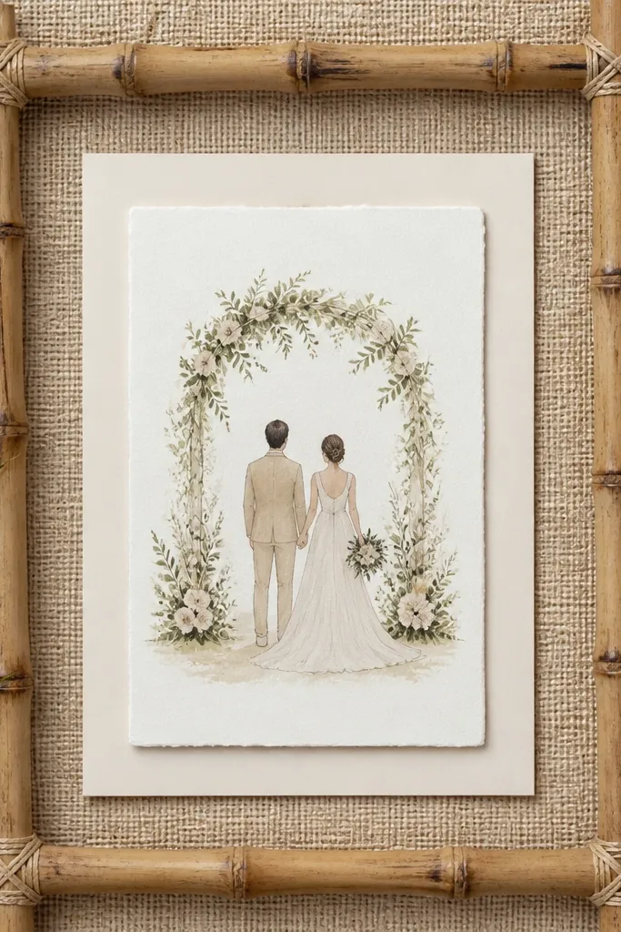 A bamboo-style frame encloses a wedding card set on a natural jute backing. A light mat keeps the card from blending into the texture.
