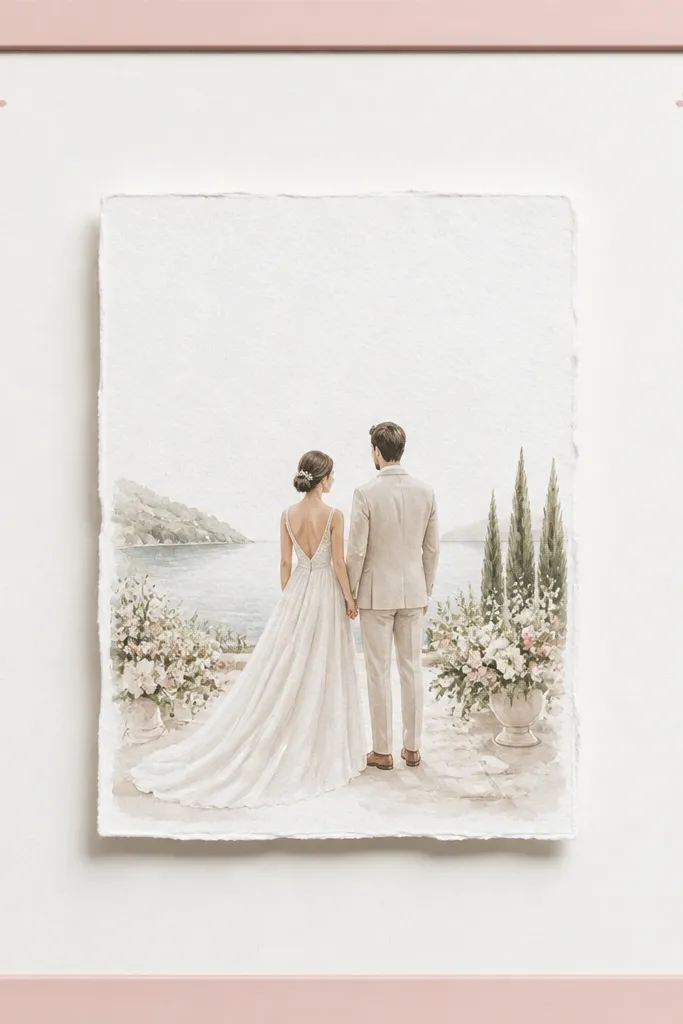 A blush pink frame surrounds a pearl white mat. In the top corners, there are small micro floral stamp marks in a matching blush tone, and the wedding card sits centered with a floating gap.