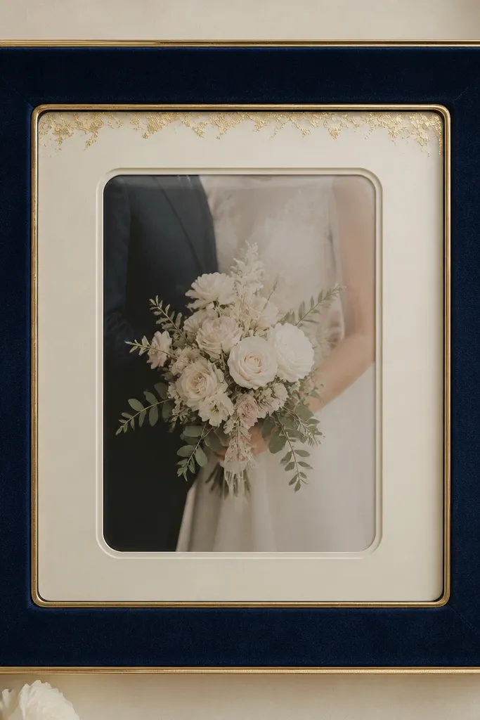 A luxe high end wedding card frame with a deep French blue velvet outer border, thin gold leaf edge trim, and a creamy off-white inner mat. The center holds a wedding card under a clear glass pane with rounded corners; small gold flecks catch the light along the top edge.