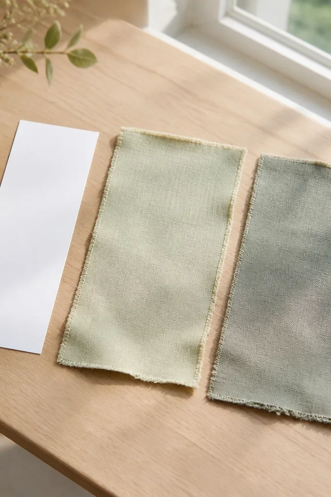 A tabletop photo showing a white printer paper strip next to two fabric swatches labeled "sage - mint lean" and "sage - gray lean," photographed near a window in morning daylight; the mint-lean fabric looks creamy while the gray-lean looks dusty.