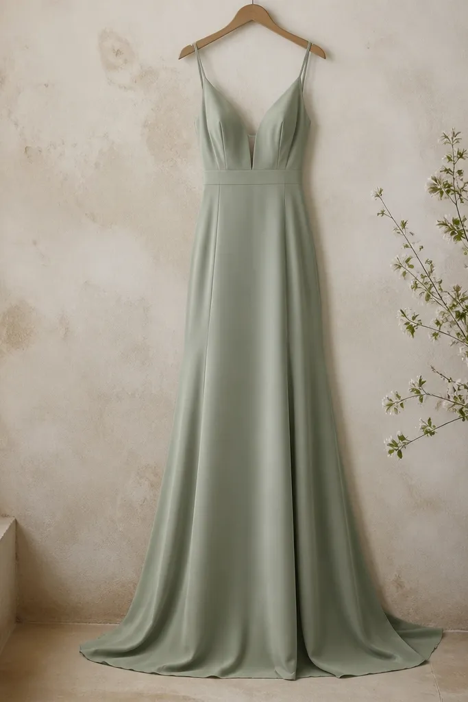 A full-length view of a sage green crepe wedding gown hanging straight; the surface is matte with clean lines, and the seams look sharply tailored.