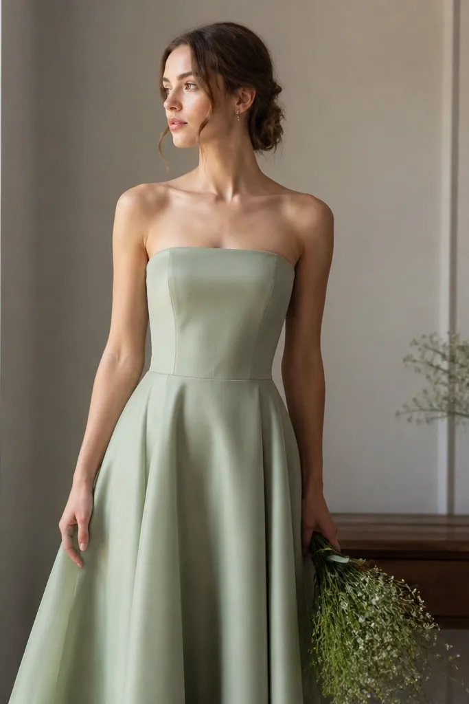 A sage green wedding dress with a straight neckline and subtle piping; the neckline sits flat and crisp against the collarbone with a neat edge finish.