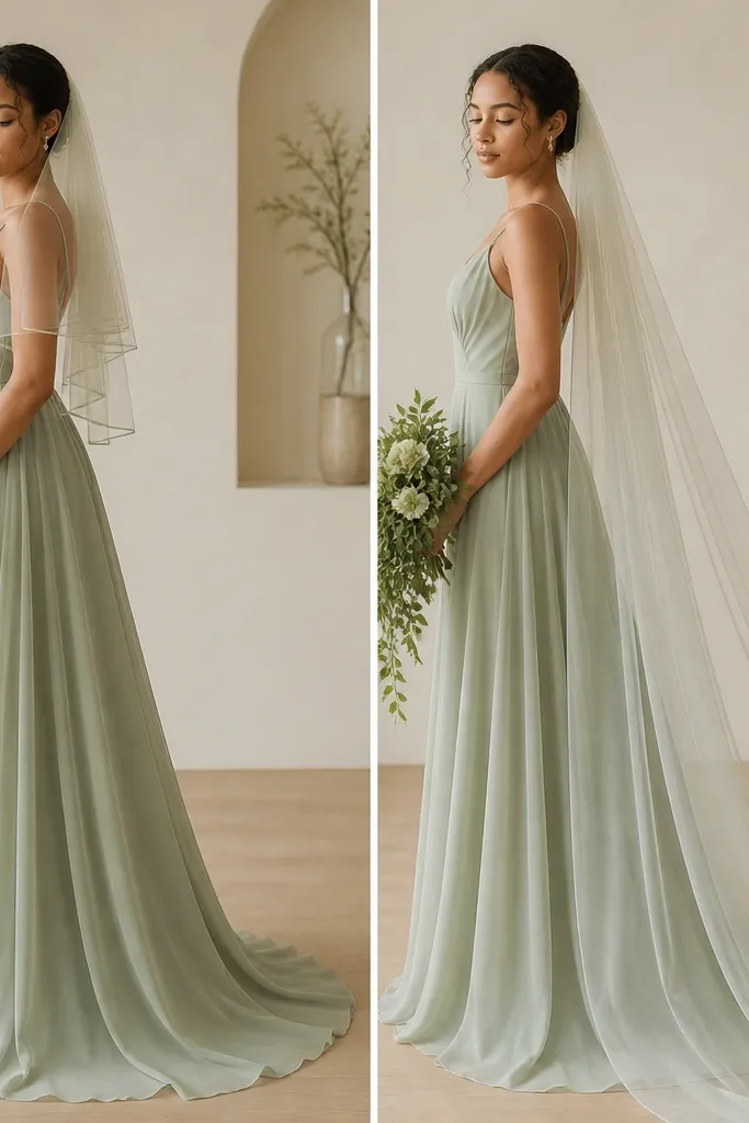 A sage green bride wearing a short veil and a longer cathedral veil option shown side-by-side; the fabric drapes softly and the edges look clean without stiffness.