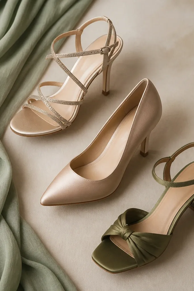 A flat lay of three shoe options next to sage fabric: champagne strappy heels, nude satin pumps, and deep olive satin sandals; each looks different under the same light.