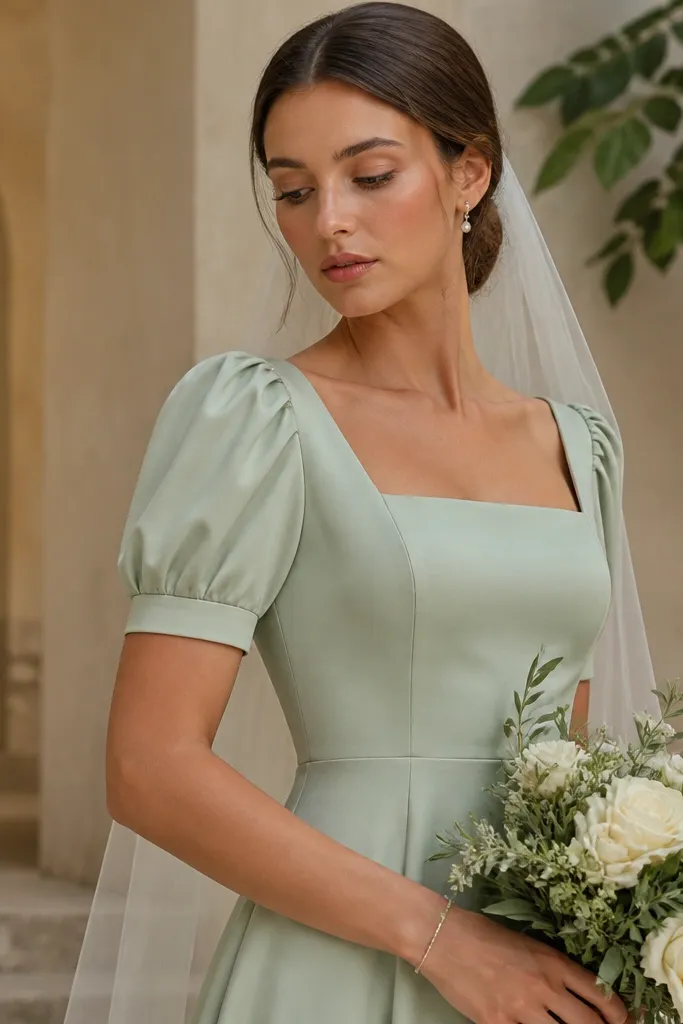 A sage wedding dress with short puff sleeves and a smooth underarm lining; the sleeve edge looks clean and the armhole sits flat without wrinkling.
