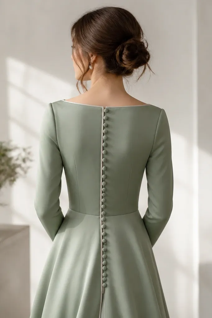 A back view of a sage green wedding dress showing covered buttons down the spine and a satin-trim zipper line; the details look smooth and evenly spaced.