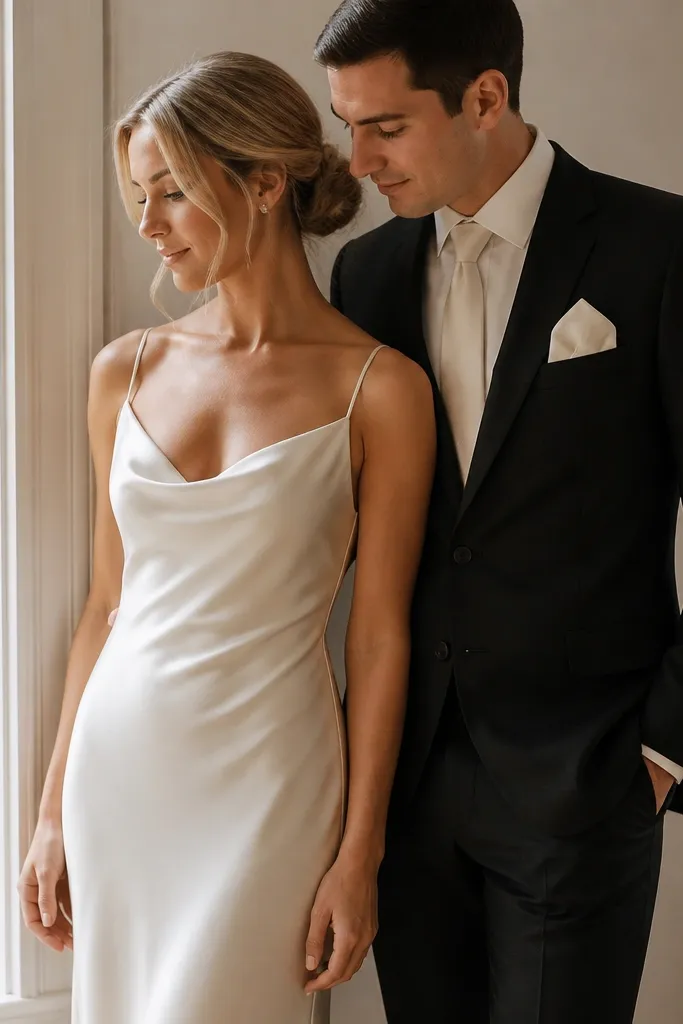 A bride wearing an ivory silk slip dress with a subtle sheen, photographed in soft window light. The fabric hangs in smooth vertical folds, and the neckline looks clean and minimal. A groom in an ivory satin tie and matching pocket square stands beside her in the same color family.