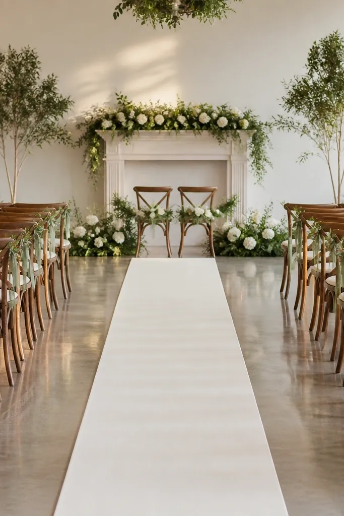 A ceremony aisle covered with a 28-inch wide ivory fabric runner that looks smooth and wrinkle-free. Chairs have small sage ribbon ties, and the aisle path aligns with the front couple's seating. The lighting creates a soft reflection on the floor.