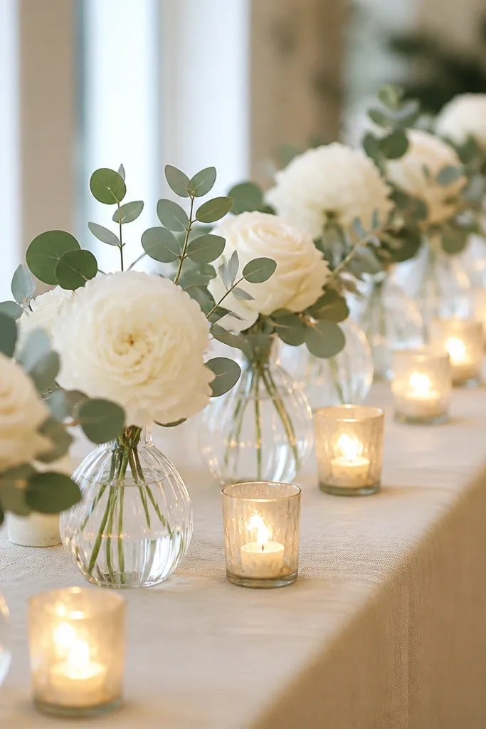 A long table edge lined with small clear bud vases, each holding a single cream rose or peony and a few sage eucalyptus leaves. The vases are evenly spaced, and the repetition creates a clean row. Warm candlelight fills the gaps between vases.