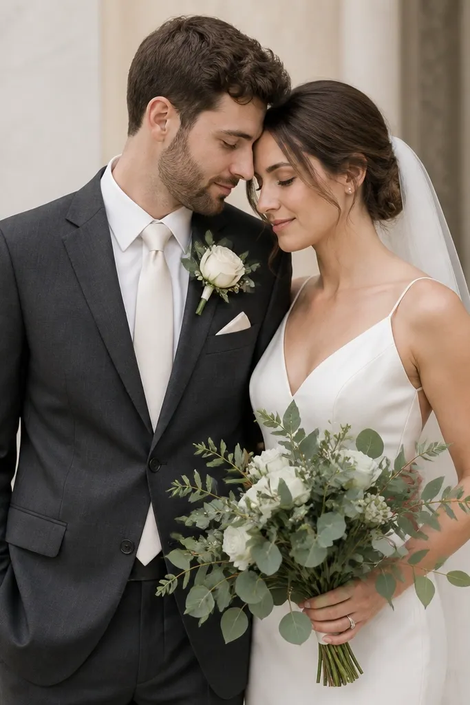 A groom wearing a warm charcoal suit with an ivory satin tie and a matching ivory pocket square. The boutonniere has sage eucalyptus and a cream rose. The bride's dress is ivory satin, and her bouquet repeats the same eucalyptus.