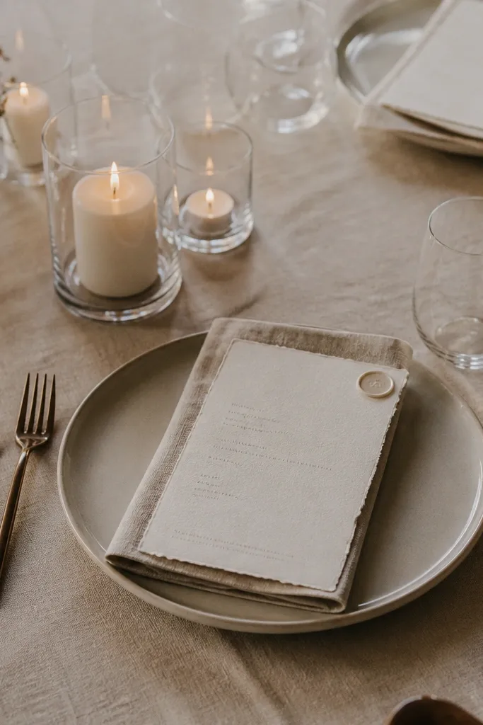 A linen-covered dinner table with low candle clusters in clear glass, each place setting has a thick cotton menu card with deckled edges, cream ink on ivory paper, a small wax seal sticker on the top corner, and a simple typed layout listing starter and main with one allergen line