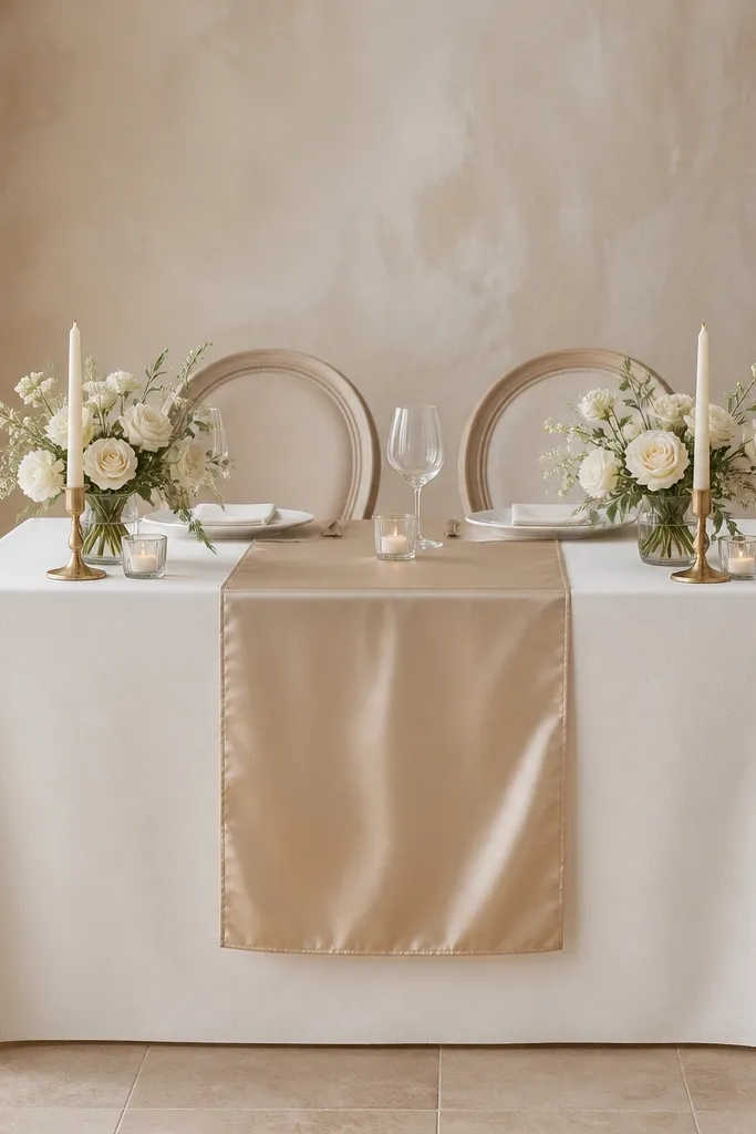A sweetheart table covered in warm ivory linen. A champagne satin runner lies centered and ends about 6 inches from both front corners. The edges of the linen are crisp with no bunching, and the runner catches light in soft highlights.