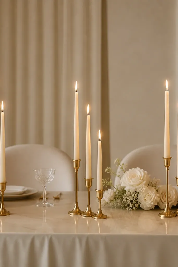 Three sets of champagne taper candles on the sweetheart table. Each set has different heights labeled by the visible candle lengths, with candleholders in warm gold. The flames reflect softly on the table surface.