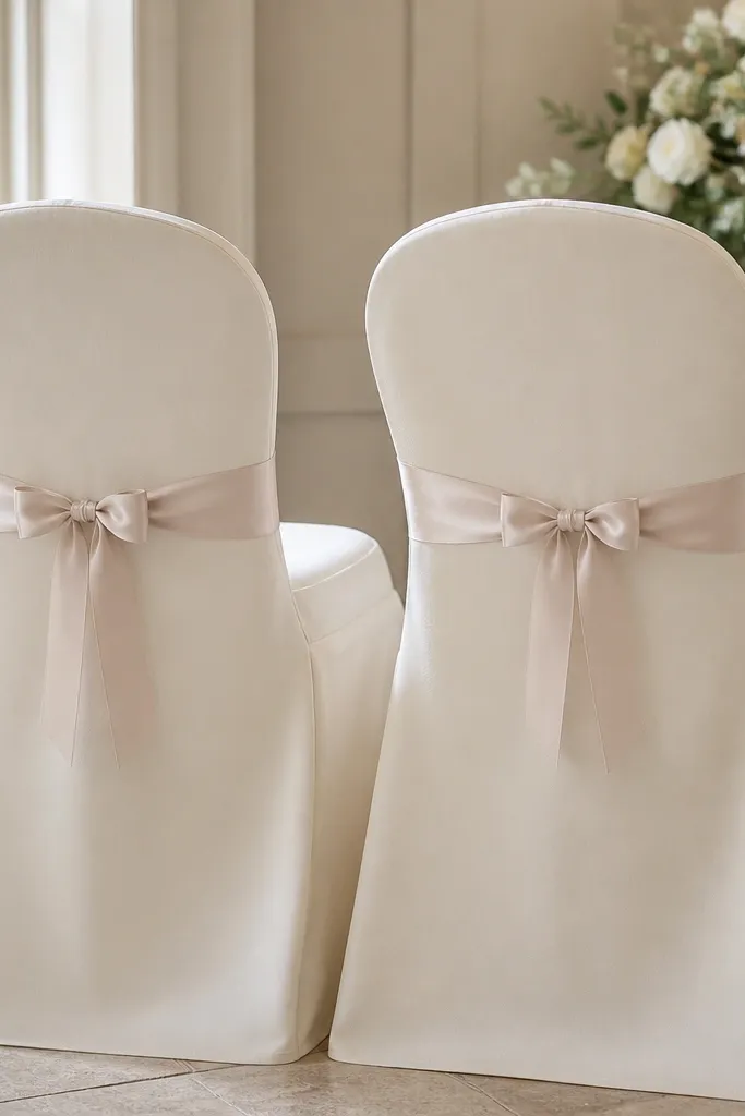 Two upholstered chairs with ivory chair covers. Each chair has a satin sash tied at the back with a neat 2-inch bow. The bow sits centered and sits above the seat seam.