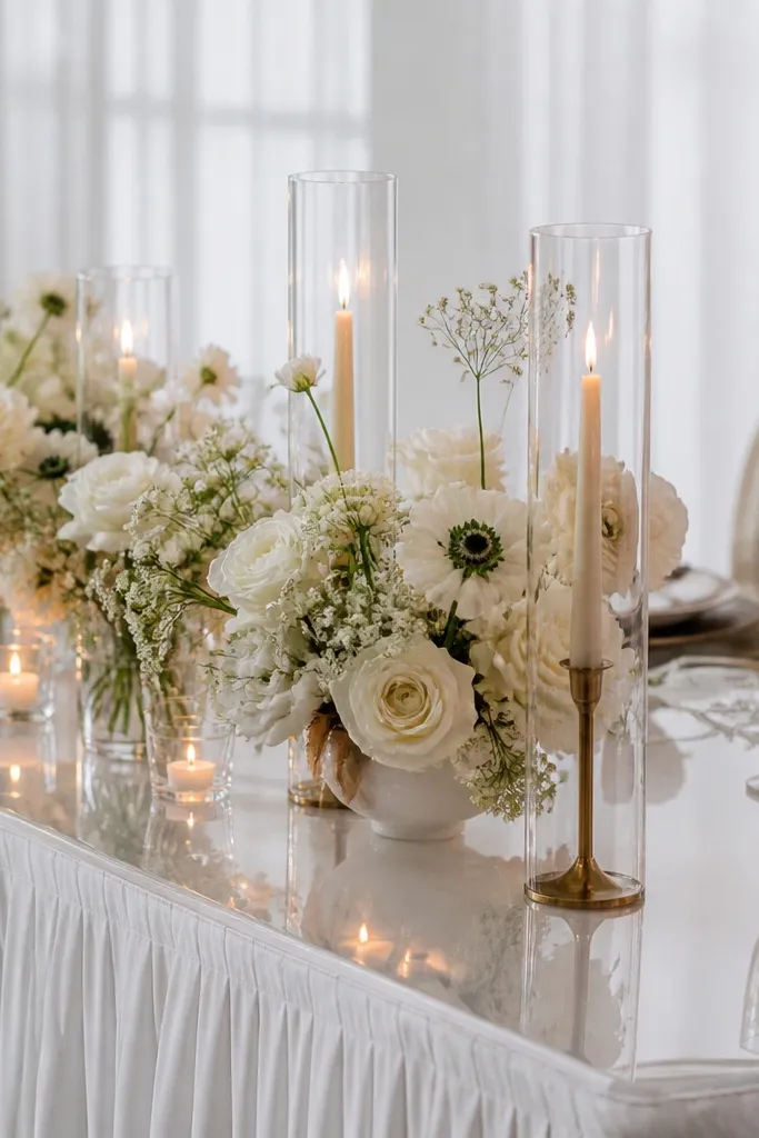 A clear acrylic sheet under the centerpiece area of the sweetheart table. The acrylic reflects the candle flames and floral stems. The reflection is visible from the guest side, adding depth.