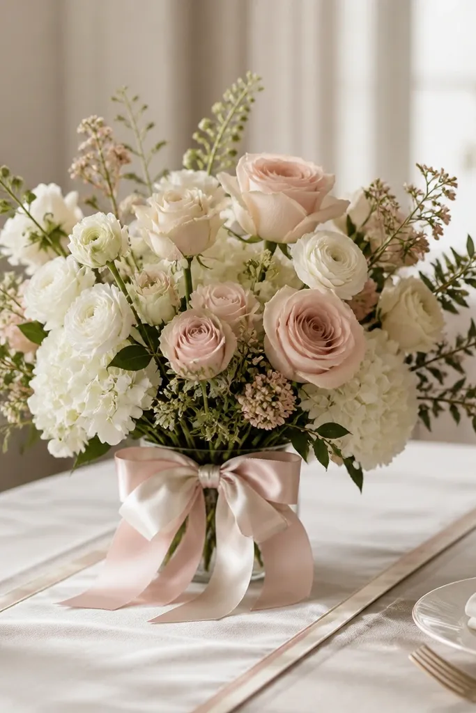 A champagne and blush silk ribbon is tied around the base of the floral arrangement. The same two-tone ribbon appears as a thin stripe along the table runner edges. The ribbons catch light subtly without looking glossy.