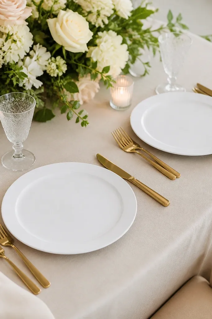 Matte white plates with a subtle 1-inch border placed on the sweetheart table. Gold flatware sits neatly aligned, and a cream napkin is placed beside the plate. The table surface looks clean and styled.
