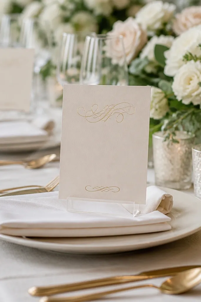 A cream menu card on a thin clear acrylic stand in front of each place setting. The card has gold script and sits at a consistent height, slightly above the napkin. The clear stand is almost invisible.