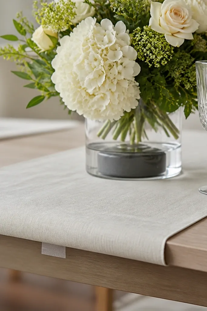 Close view of the table setup showing a runner edge taped underneath and a floral vase with a hidden weighted base. The linen stays flat with no drift. The floral arrangement stands straight despite slight airflow.