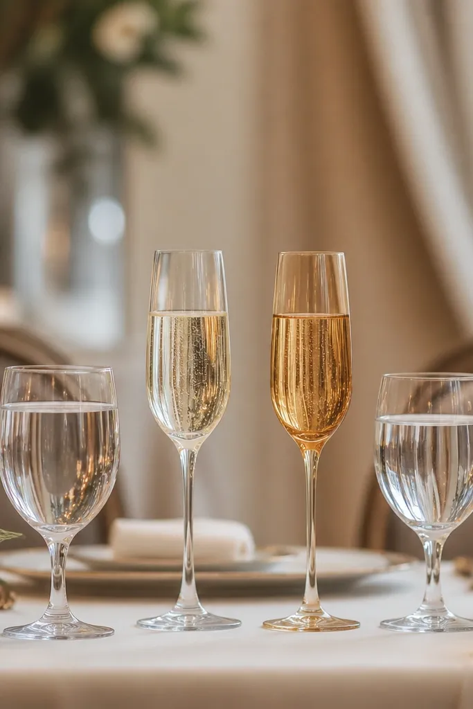 A neat set of glassware at the sweetheart table: clear water glasses and champagne flutes in matching shapes. One flute is tinted amber or champagne-gold, catching the candle glow more strongly. The glasses are lined with consistent spacing.