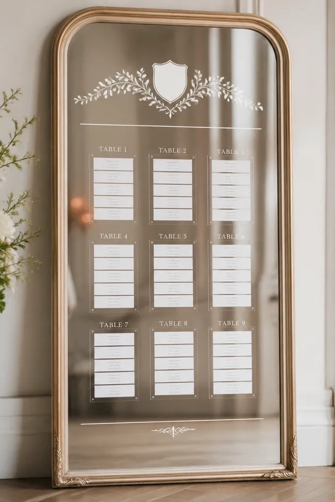 A tall champagne-gold framed mirror with a clean frosted-vinyl layout on the glass. The seating chart is grouped by table numbers, and each table has a small serif heading in white vinyl. Names are printed on small white cards that sit in neat rows behind a clear acrylic insert so the mirror stays streak-free.