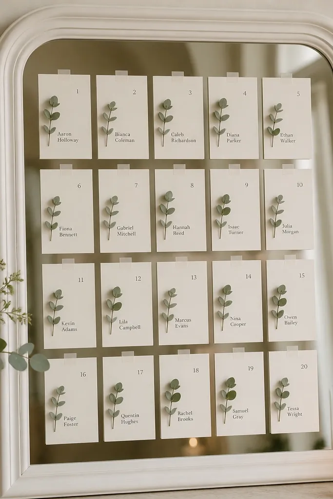 A soft white framed mirror with a seating chart made from small printed name cards. Each card has a tiny pressed eucalyptus leaf attached with clear tape, and table numbers sit in the top corners. The color palette is muted sage and warm cream.