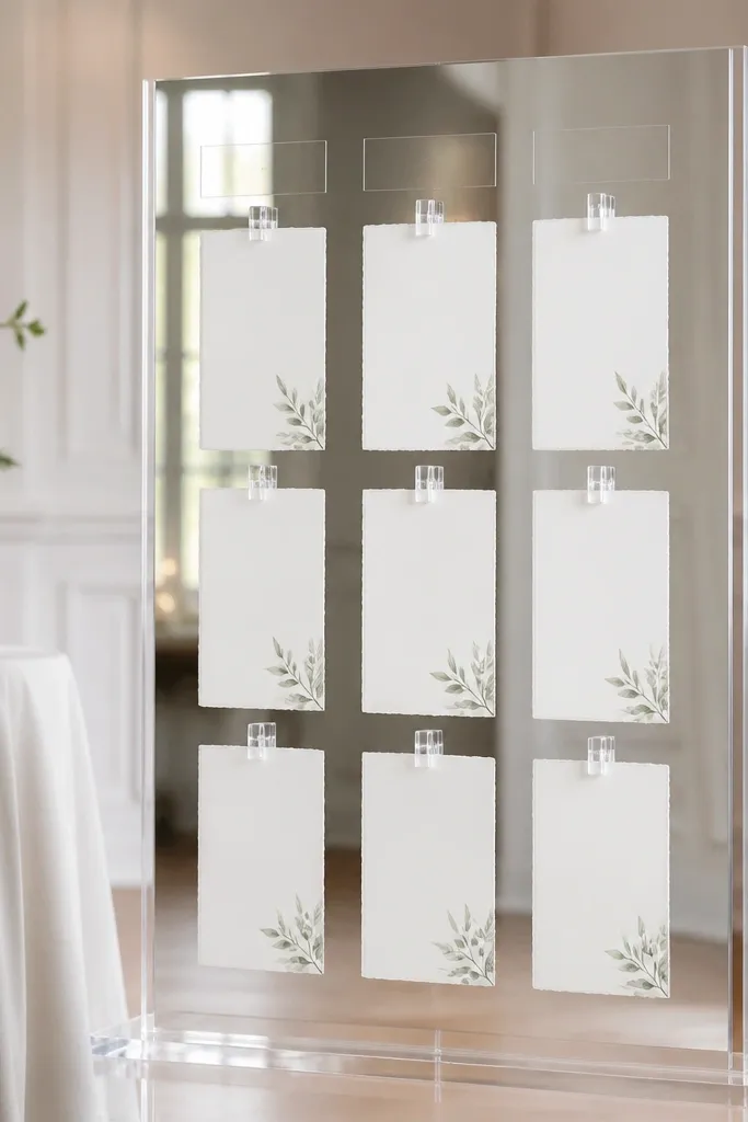 A mirror mounted to a clear acrylic stand. The seating chart cards appear to float in front of the mirror, held by small clear acrylic clips. Table headings are printed on transparent acetate strips, and the whole piece looks airy and modern.