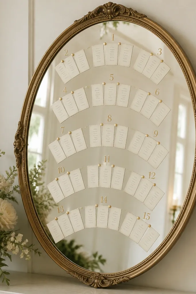 An oval mirror with an ornate but not over-the-top frame. The seating chart is arranged in a curved arc pattern, with table numbers along the curve and name cards evenly spaced beneath each number. The typography is serif and the layout follows the mirror shape.