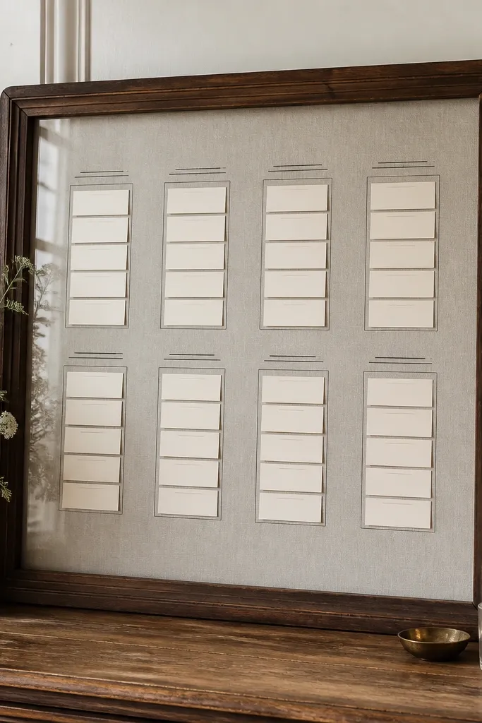 A walnut framed mirror with a linen backing visible behind the glass. The seating chart is printed in black ink with thin lines and clean table headings. Name cards are small and placed in straight columns, and the linen texture shows through subtly.