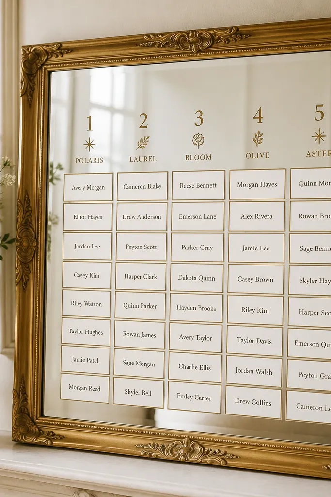 A gold framed mirror showing a bordered grid layout. Table numbers sit along the top with tiny line icons (like a star or leaf) next to section names. Name cards are arranged in neat rows inside the grid, with consistent borders and spacing.