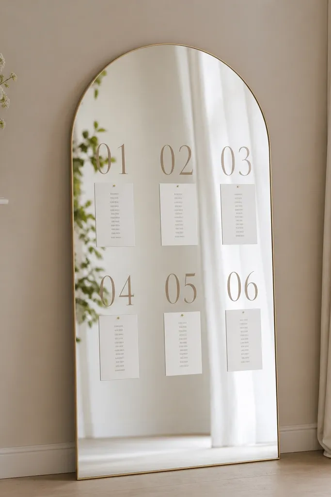 A mirror with a very thin, whisper-gold frame. The seating chart uses oversized typography for table numbers on the top half, with smaller name cards underneath. The layout is minimal - lots of breathing room, clean lines, and a calm background.
