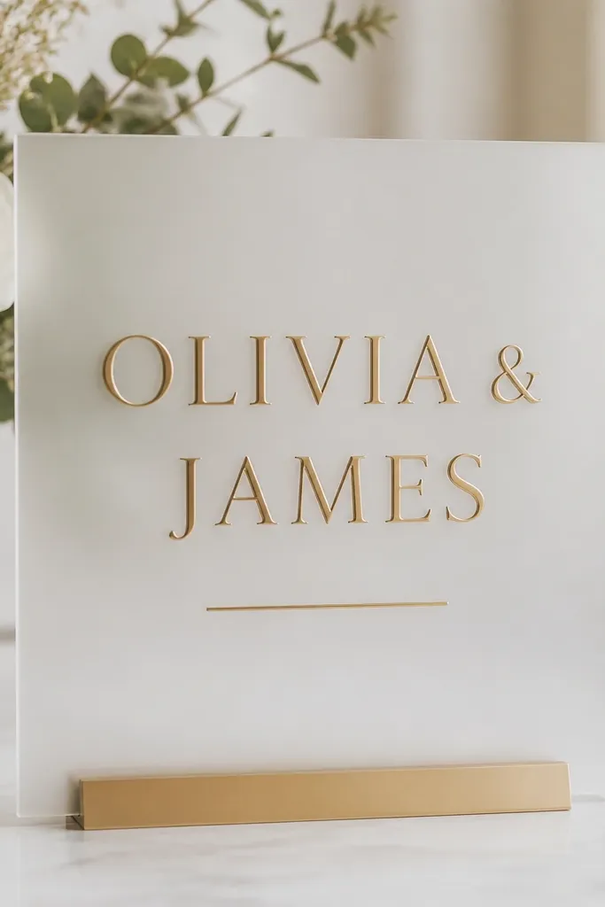 A white frosted acrylic sign with a gold-toned lettering effect. The names appear large and centered, with a smaller gold line underneath. The frosted surface looks matte and diffuses light, and the sign sits upright on a minimal stand.