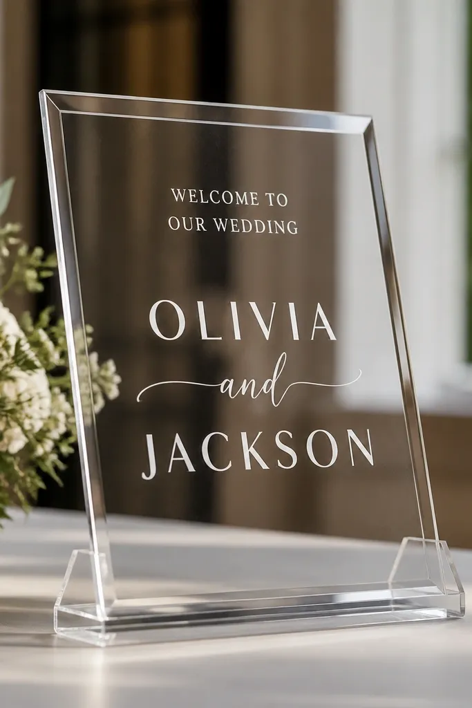A clear acrylic welcome sign with a subtle beveled border around the edge. The border creates a light-catching frame. Inside, the names are in white lettering and the welcome line is smaller in a contrasting style. The stand keeps the sign upright and angled.