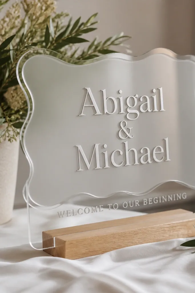 A layered acrylic welcome sign: a clear base with a frosted top layer. The names sit on the top layer in white or silver lettering. A smaller welcome line appears on the base. The layers create visible depth.