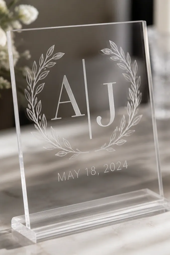A clear acrylic sign with an etched-look monogram in the center. The monogram has a frosted etched effect rather than filled color. A date sits below in thin uppercase. The edges are polished and the sign is angled on a clear stand.