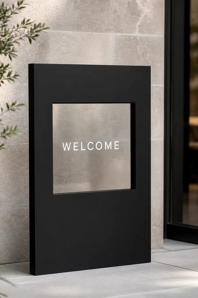 A dark black acrylic welcome sign with a clear window in the center where white text is visible. The rest of the sign is matte black. The design looks like a framed panel, with crisp edges and a modern feel.