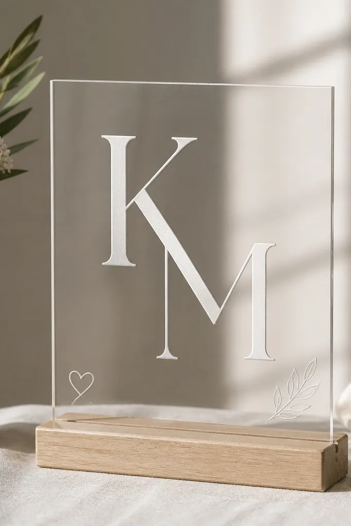 A clear acrylic sign with a minimal layout. Two large initials sit in the center in white or silver. Small thin line icons (like a tiny heart, leaf, or star) appear near the bottom corners. The overall design is clean and airy.