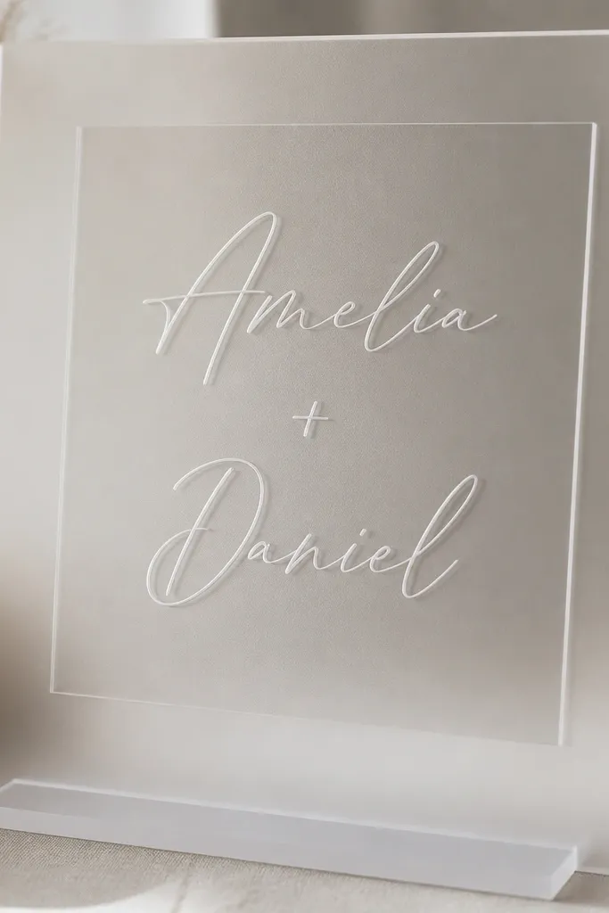 A frosted acrylic sign with a clear top layer where the names appear. The clear layer makes the names look like they're floating above the frosted background. The rest of the sign is matte and the stand is simple.