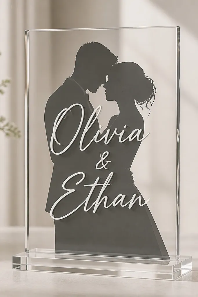 A clear acrylic sign with a monochrome couple silhouette backing behind the text. The silhouettes are dark grey, and the names appear in white lettering on top. The sign sits on a clear stand with polished edges.