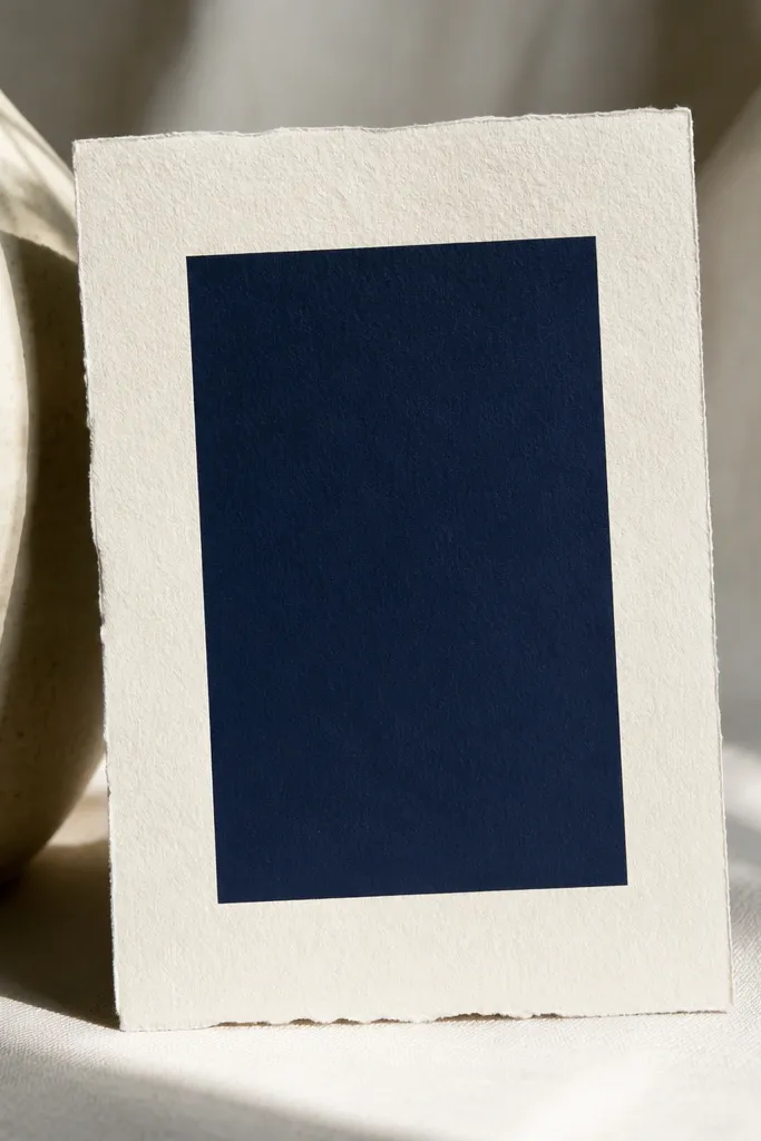 A matte, off-white cotton-textured card with a bold deep-navy rectangle behind the main text; the edges look slightly soft like handmade paper.