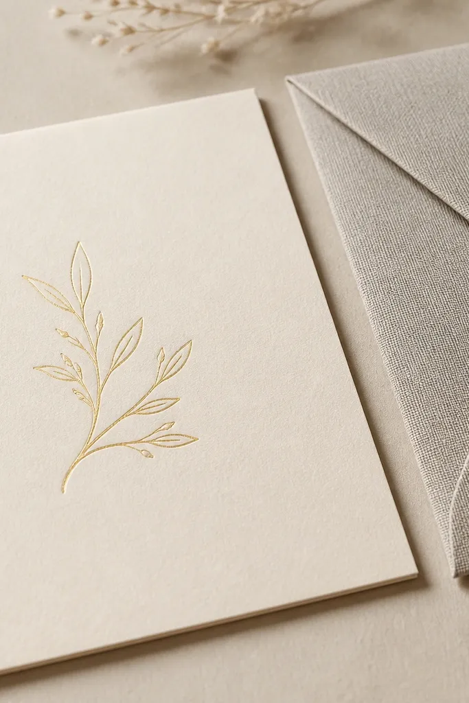 A warm ivory card with subtle gold-printed lettering; next to it is a linen-textured envelope with a folded edge visible.