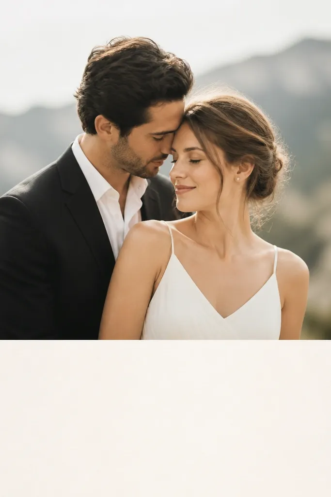 A save the date where the top 70% is a couple photo with soft blur; the bottom 30% has clean black text on a light background.